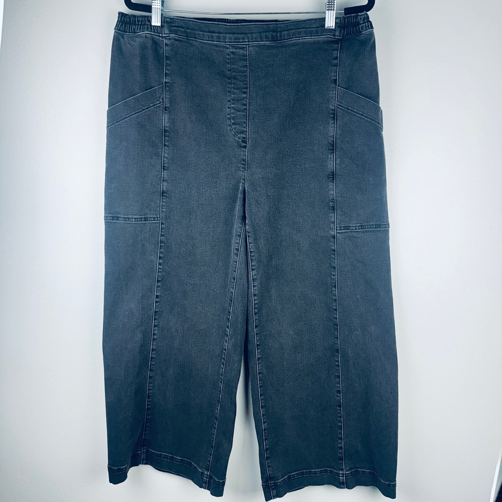 Lisa Bayne XL Wide Leg Crop Denim Jeans Elastic Waist Pants Gray / Black